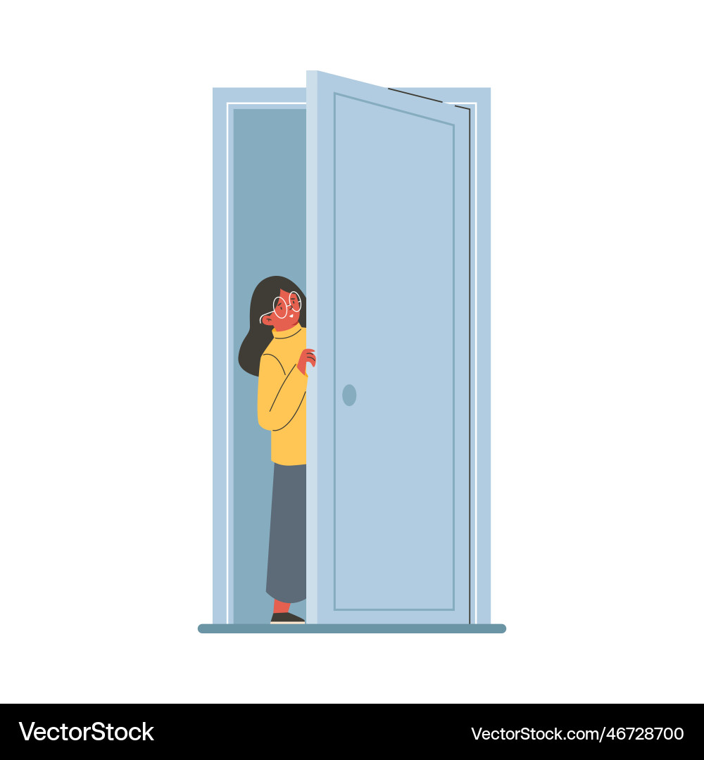 Girl opening door from inside flat – Royalty-Free Vector | VectorStock, image size:1000x1080