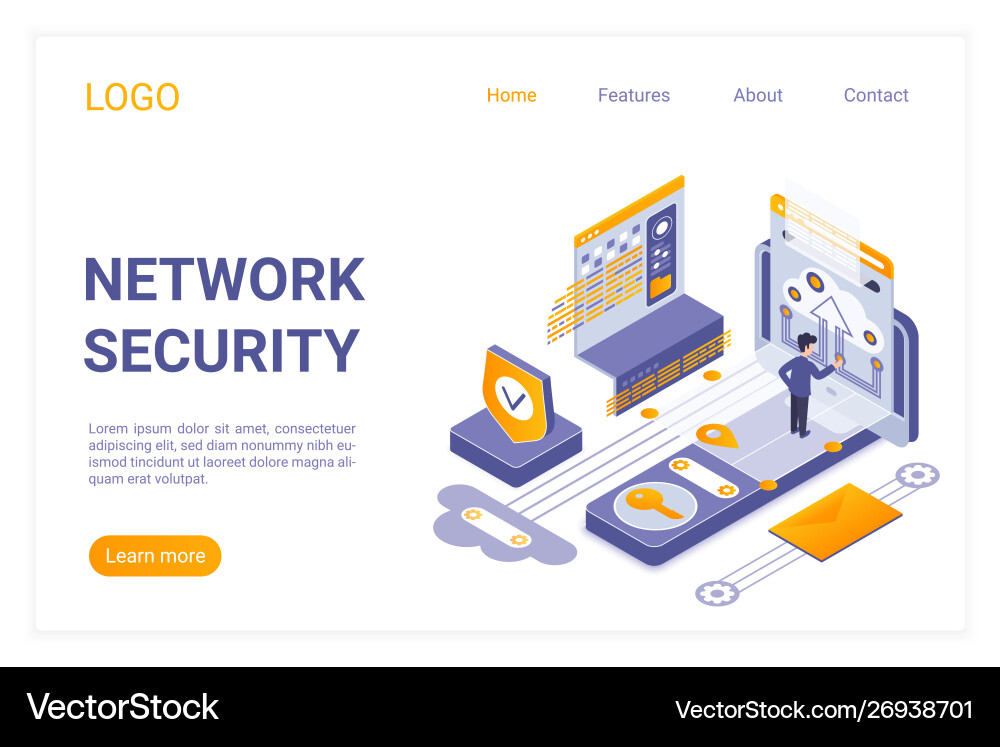 Network Security Isometric Landing Page Royalty Free Vector