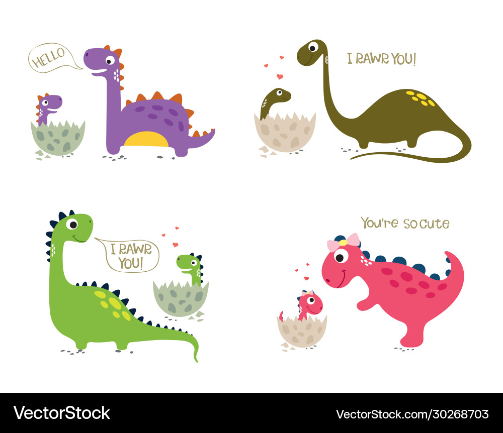 Happy dinosaurs with baby dino sitting in eggs Happy dinosaurs with baby dino sitting in eggs vector image