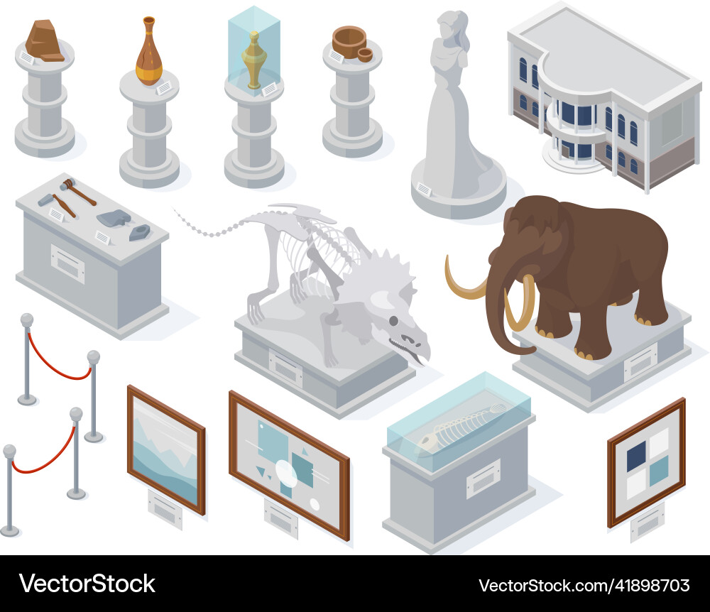 Isometric museum exhibits ancient statue art Isometric museum exhibits ancient statue art vector image