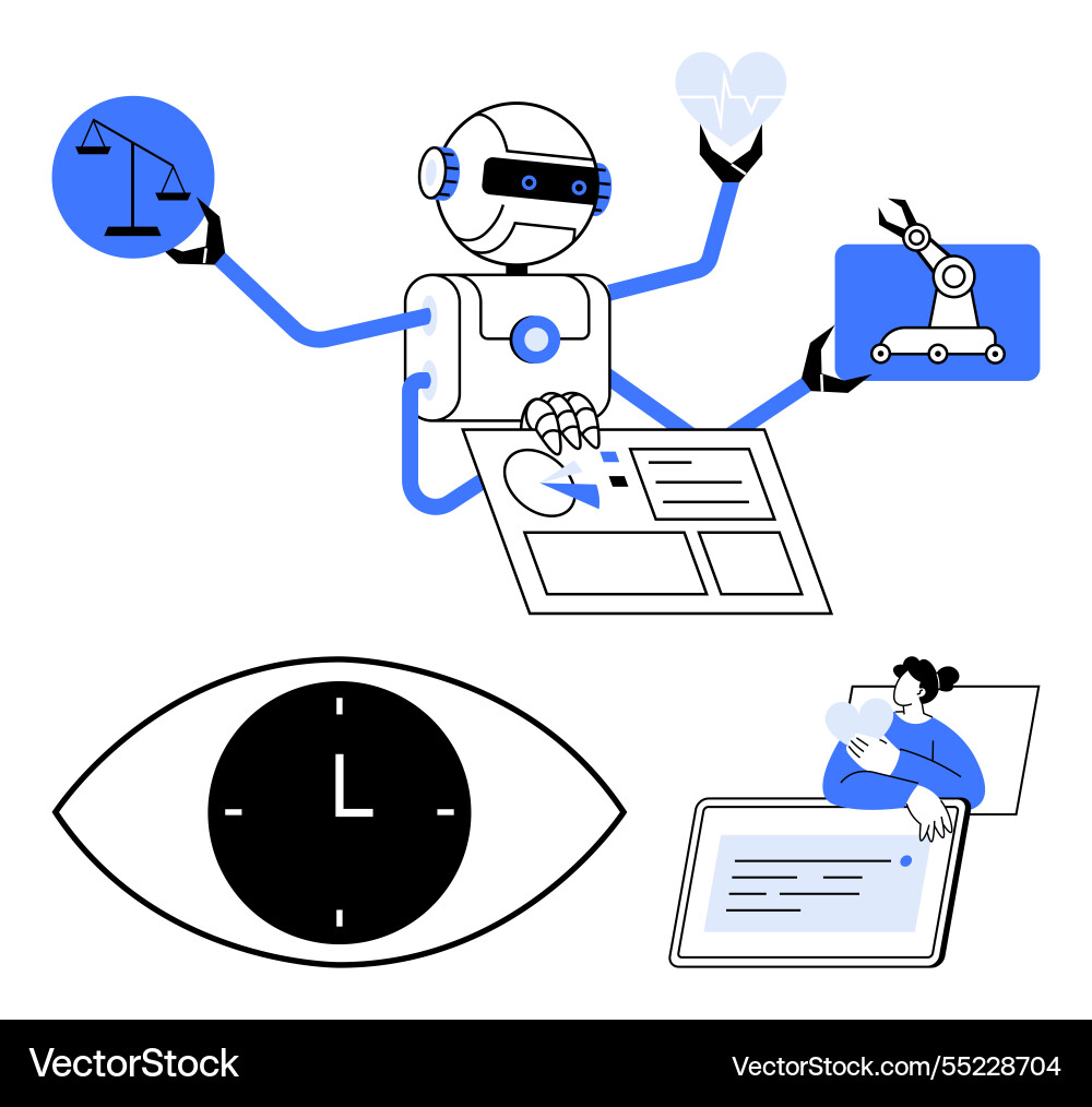 Ai robot multitasking with justice scale heart Ai robot multitasking with justice scale heart vector image