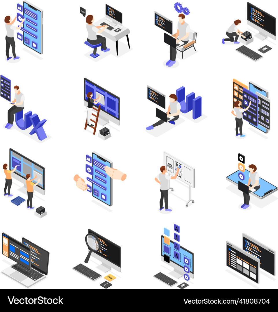 UI Development Isometric Set Vector Image