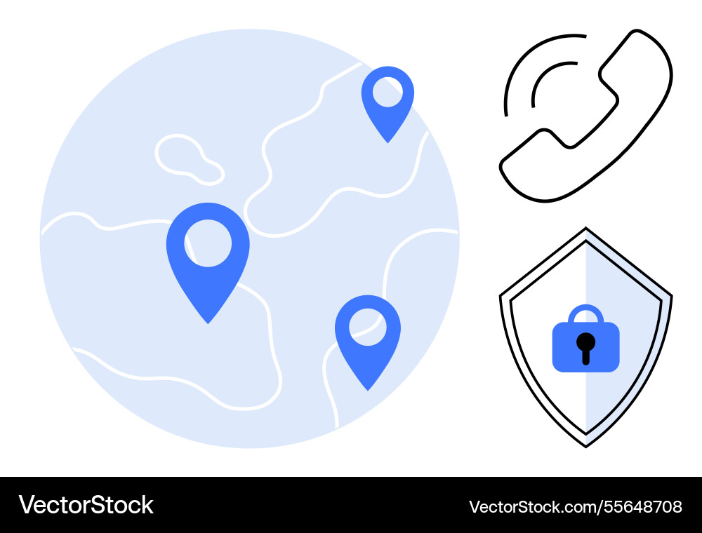Global communication and security pinpoints on map Global communication and security pinpoints on map vector image