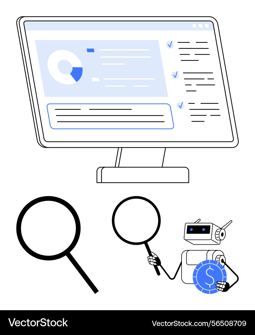 Ai robot analyzing data on desktop screen Ai robot analyzing data on desktop screen vector image