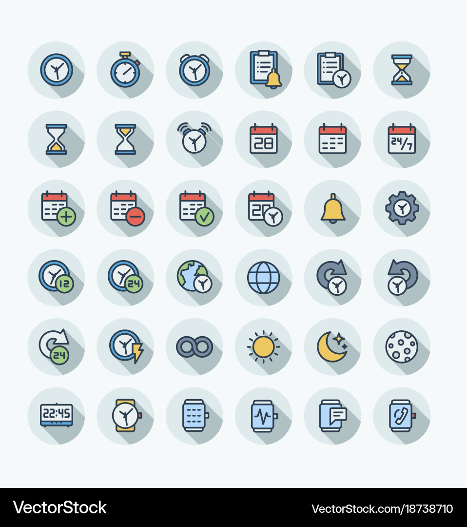 Flat color thin line icons set with date vector image