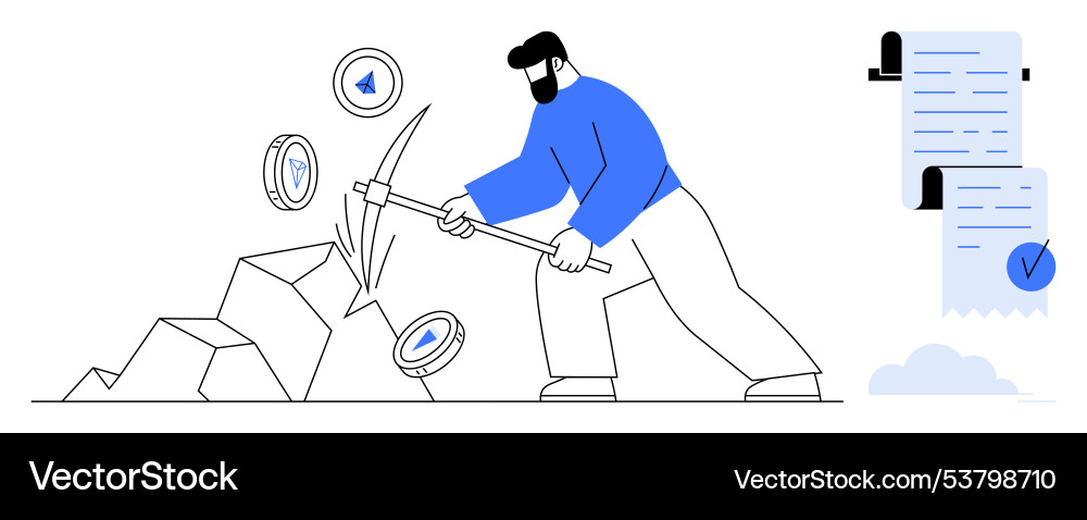 Man mining cryptocurrency with pickaxe and digital Man mining cryptocurrency with pickaxe and digital vector image