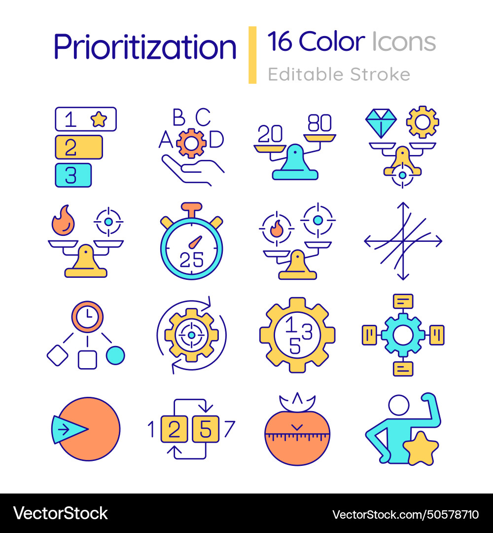 Prioritization methods rgb color icons set Prioritization methods rgb color icons set vector image