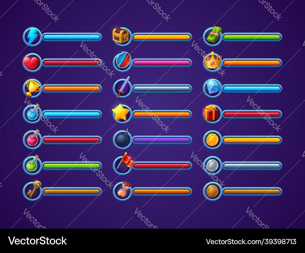 Game progress bars set ui cartoon interface Vector Image