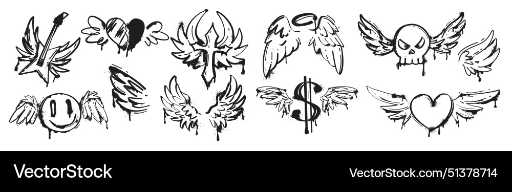 Black spray paint graffiti wings with drips Black spray paint graffiti wings with drips vector image