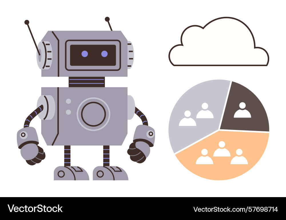 Robot with cloud symbol and pie chart representing Robot with cloud symbol and pie chart representing vector image