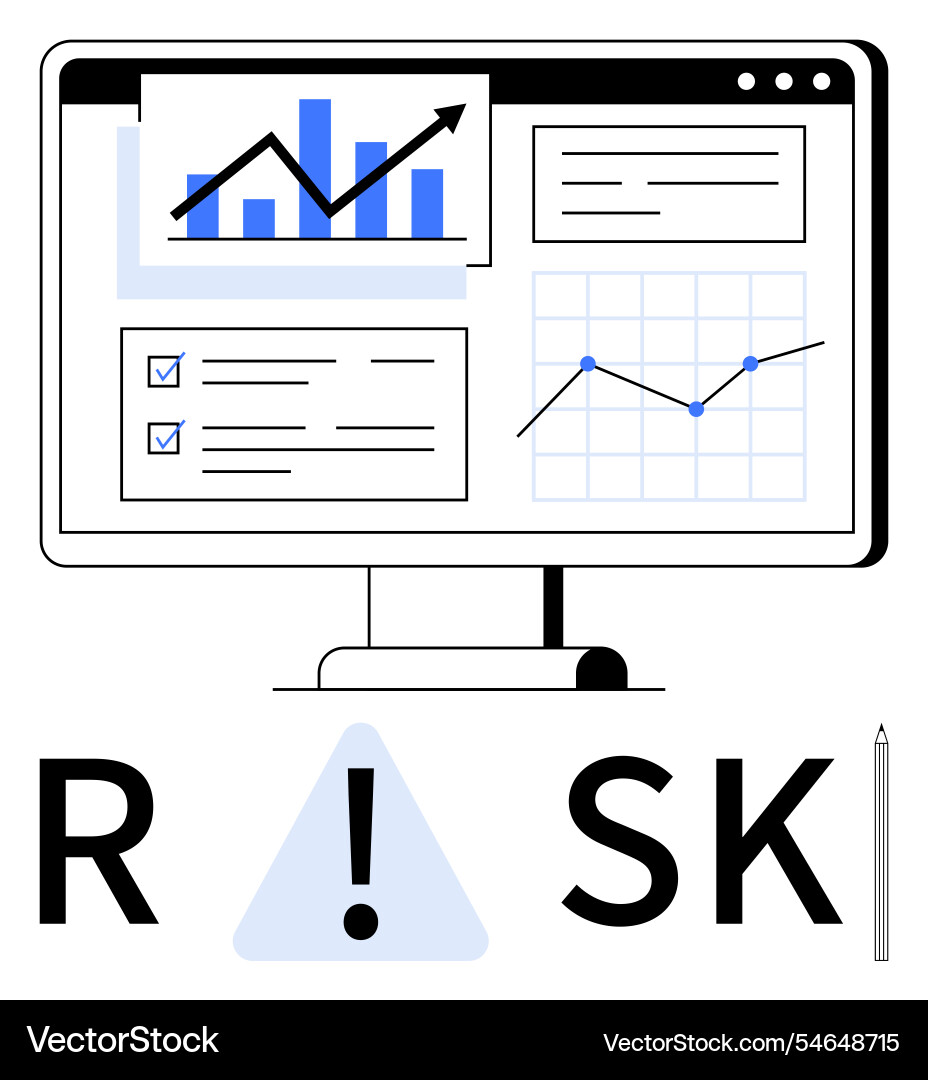 Monitor displaying data analysis with risk Monitor displaying data analysis with risk vector image