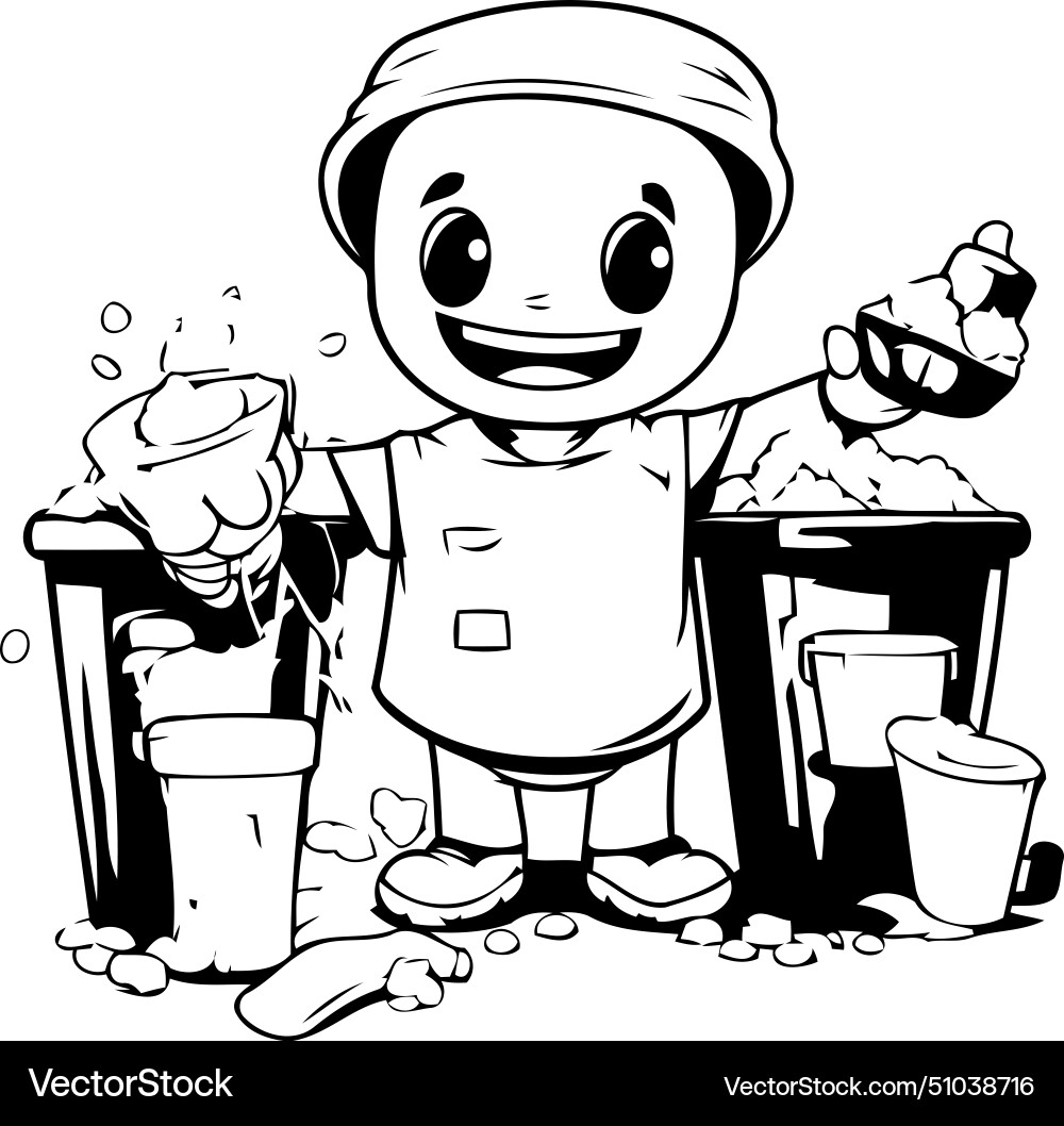 Cartoon robot throwing garbage into trash can vector image