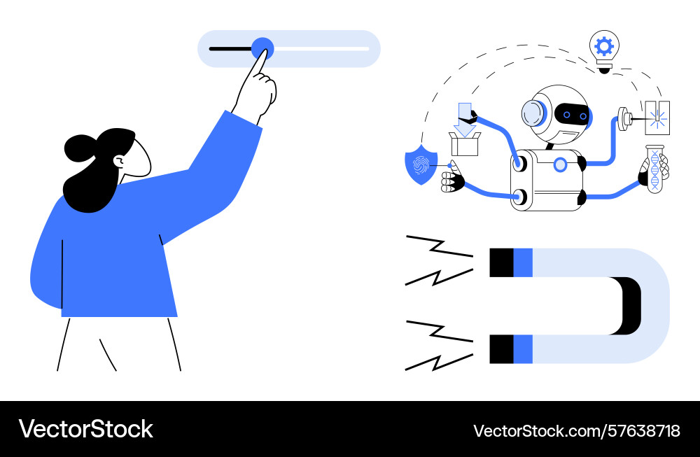 Human adjusting automation levels with ai robot Human adjusting automation levels with ai robot vector image
