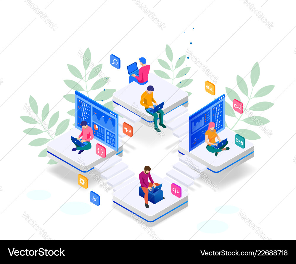 Isometric Team Coding Web Project vector image