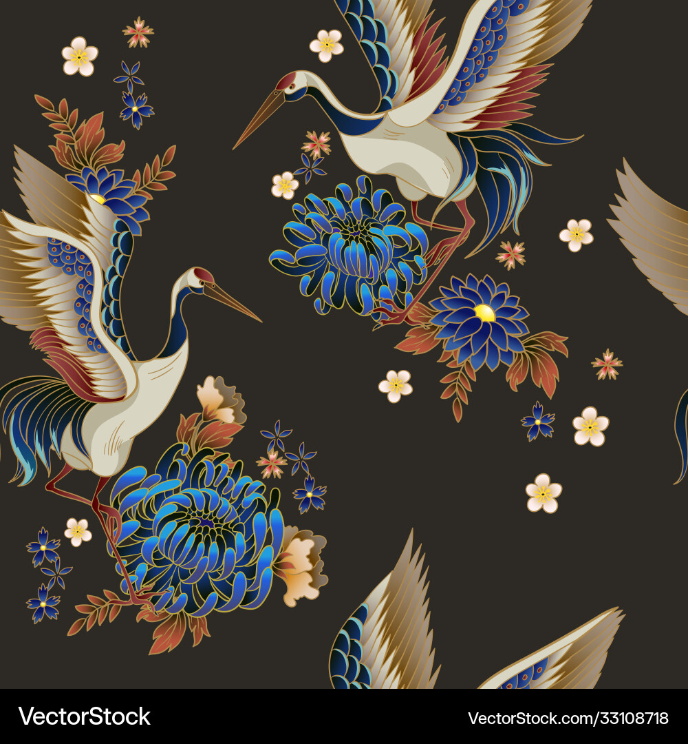 Mandarin Ducks and Flowers Pattern Vector Image