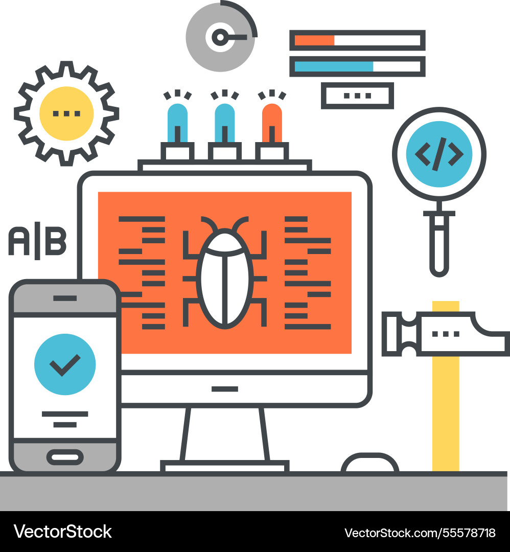 Testing and bug fixing flat line design concept Testing and bug fixing flat line design concept vector image