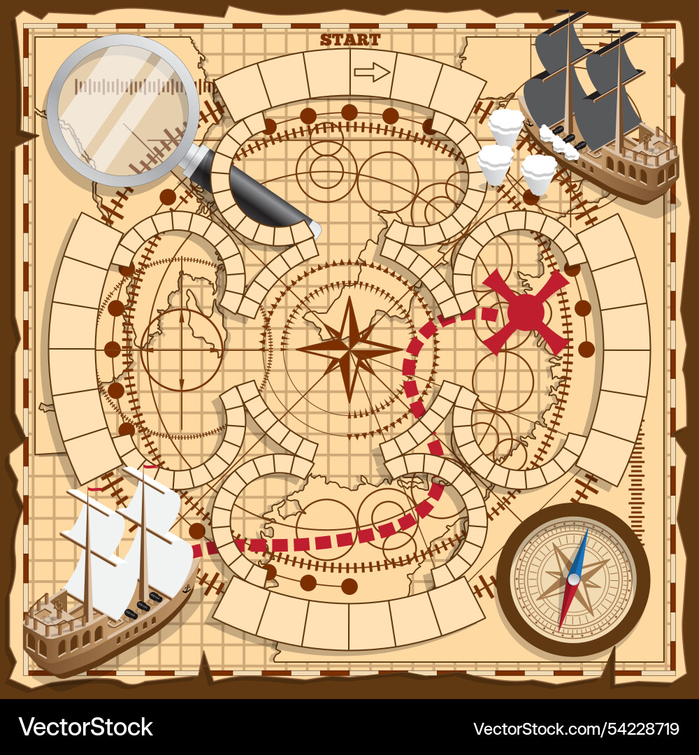 Board game on a pirate map Board game on a pirate map Vector Image