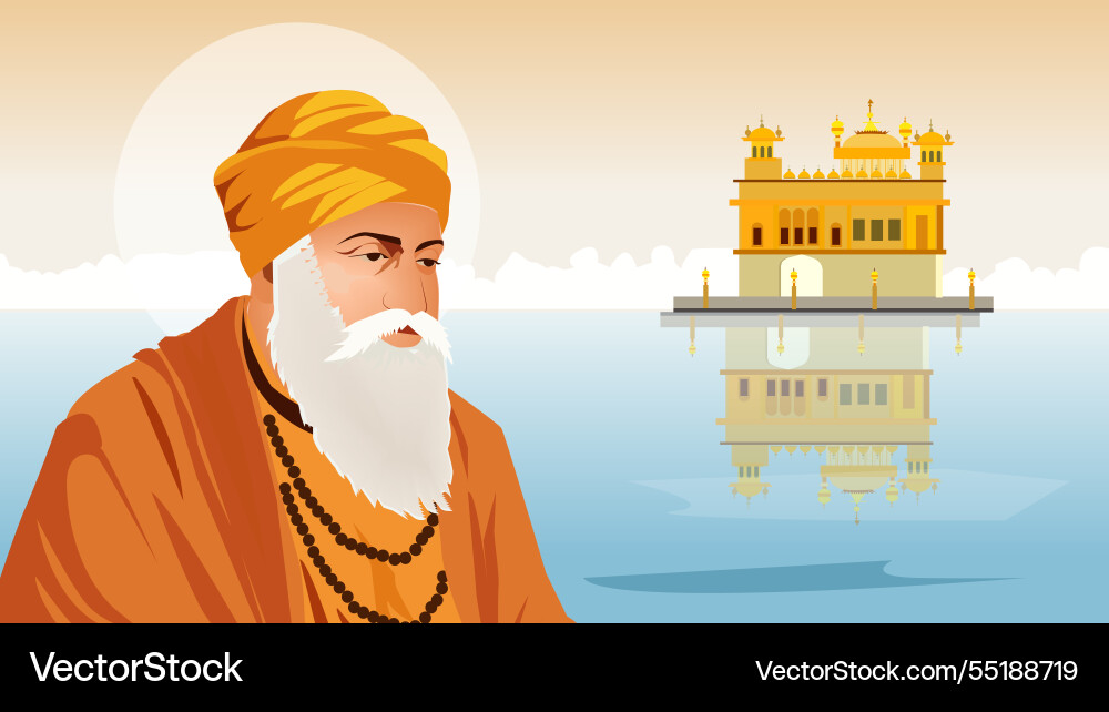 Guru nanak dev ji with golden temple reflection vector image