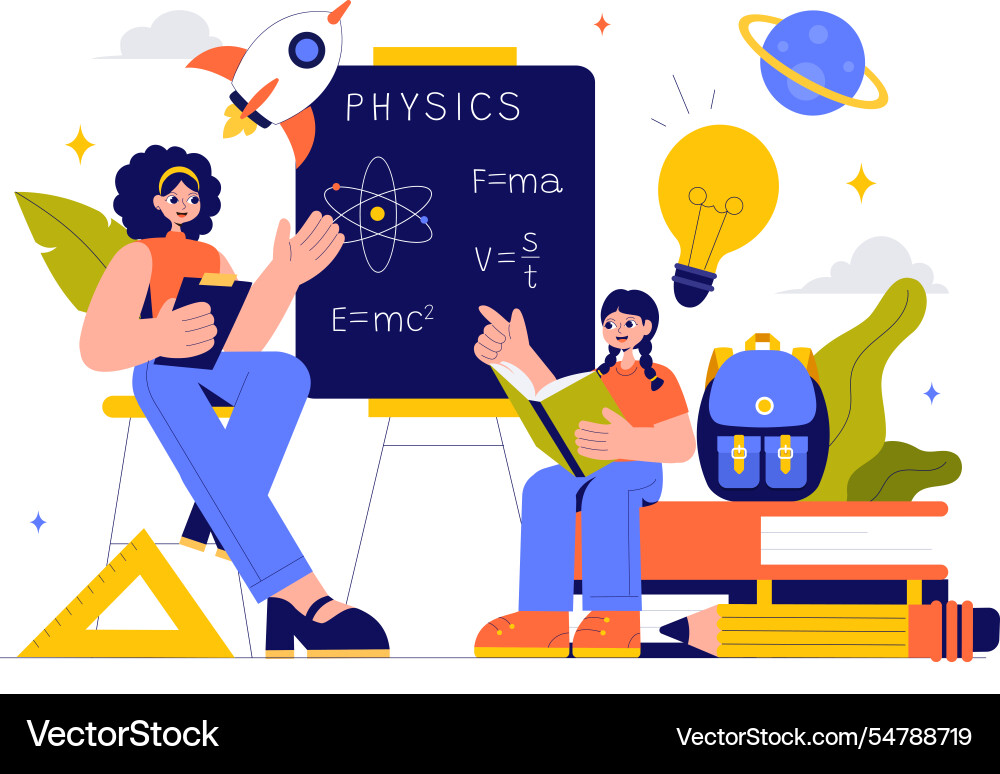 Physics learning featuring students exploring Vector Image