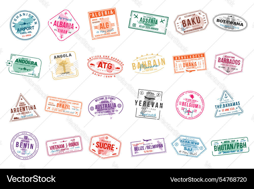 Collection of travel visa stamps for passports Collection of travel visa stamps for passports vector image