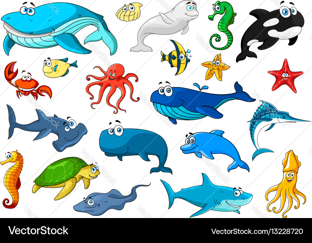Marine Animal Icon Set - Cartoon Sea Creatures Vector Image