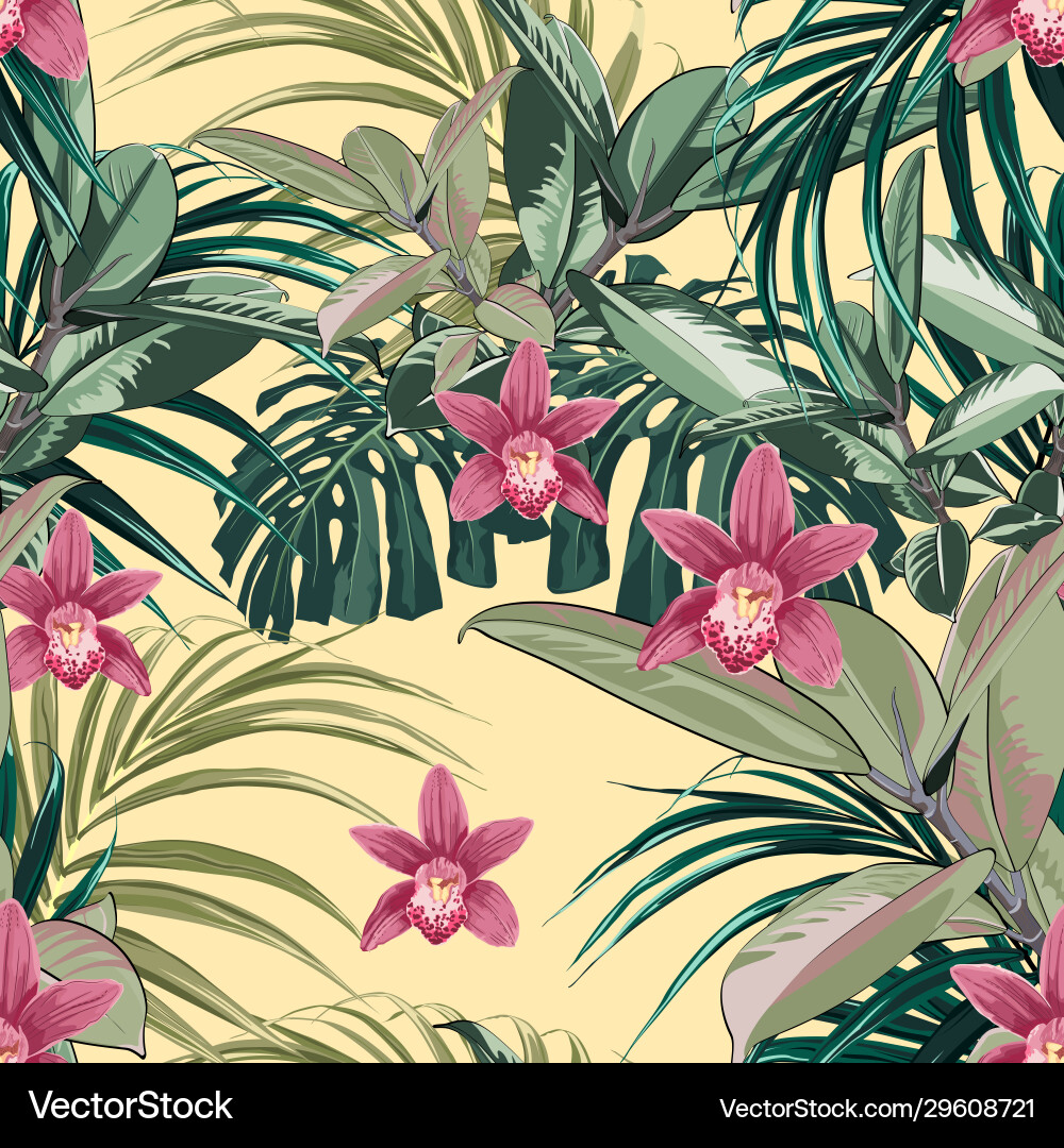 Ficus palm leaves and pink orchid flowers seamless vector image