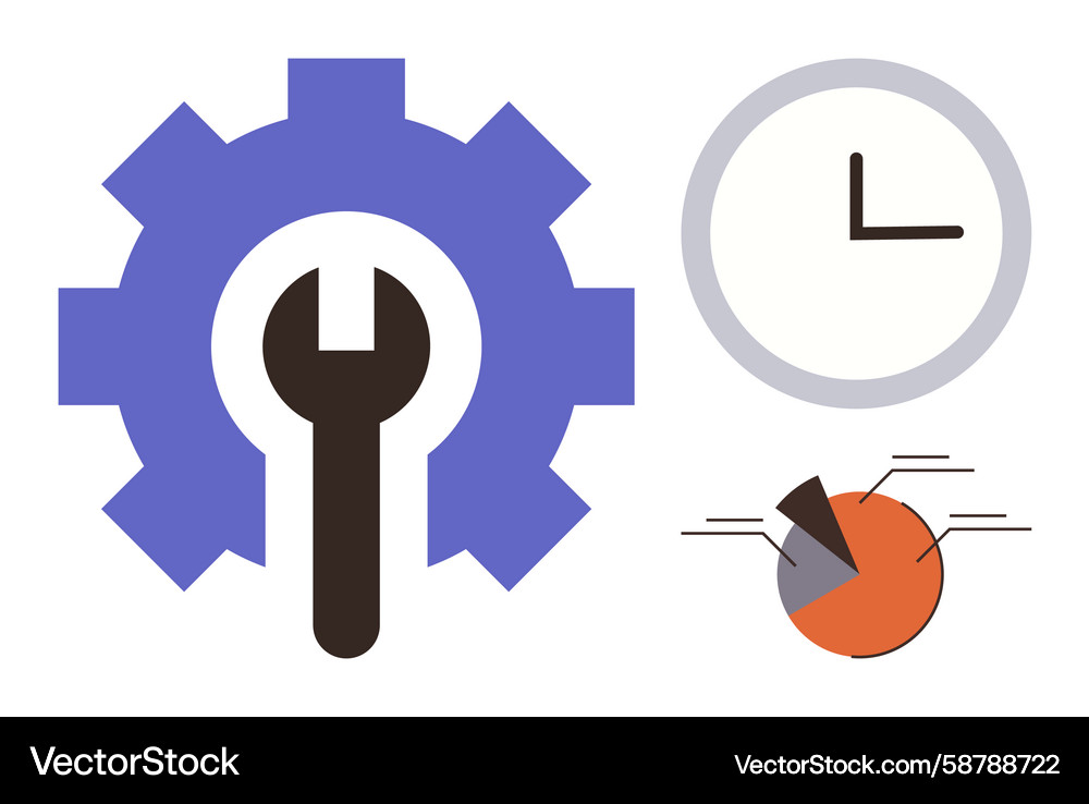 Gear with wrench analog clock and pie chart Gear with wrench analog clock and pie chart Vector Image