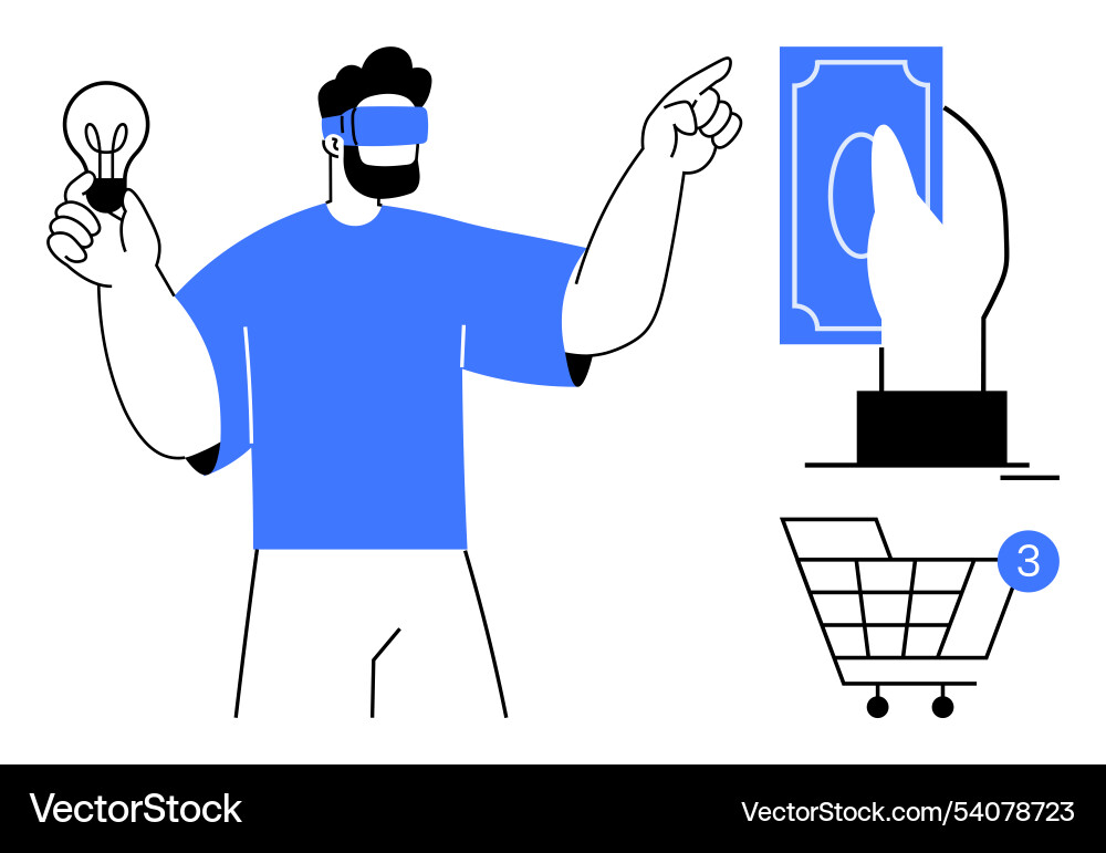 Man with vr headset and lightbulb pointing Man with vr headset and lightbulb pointing vector image