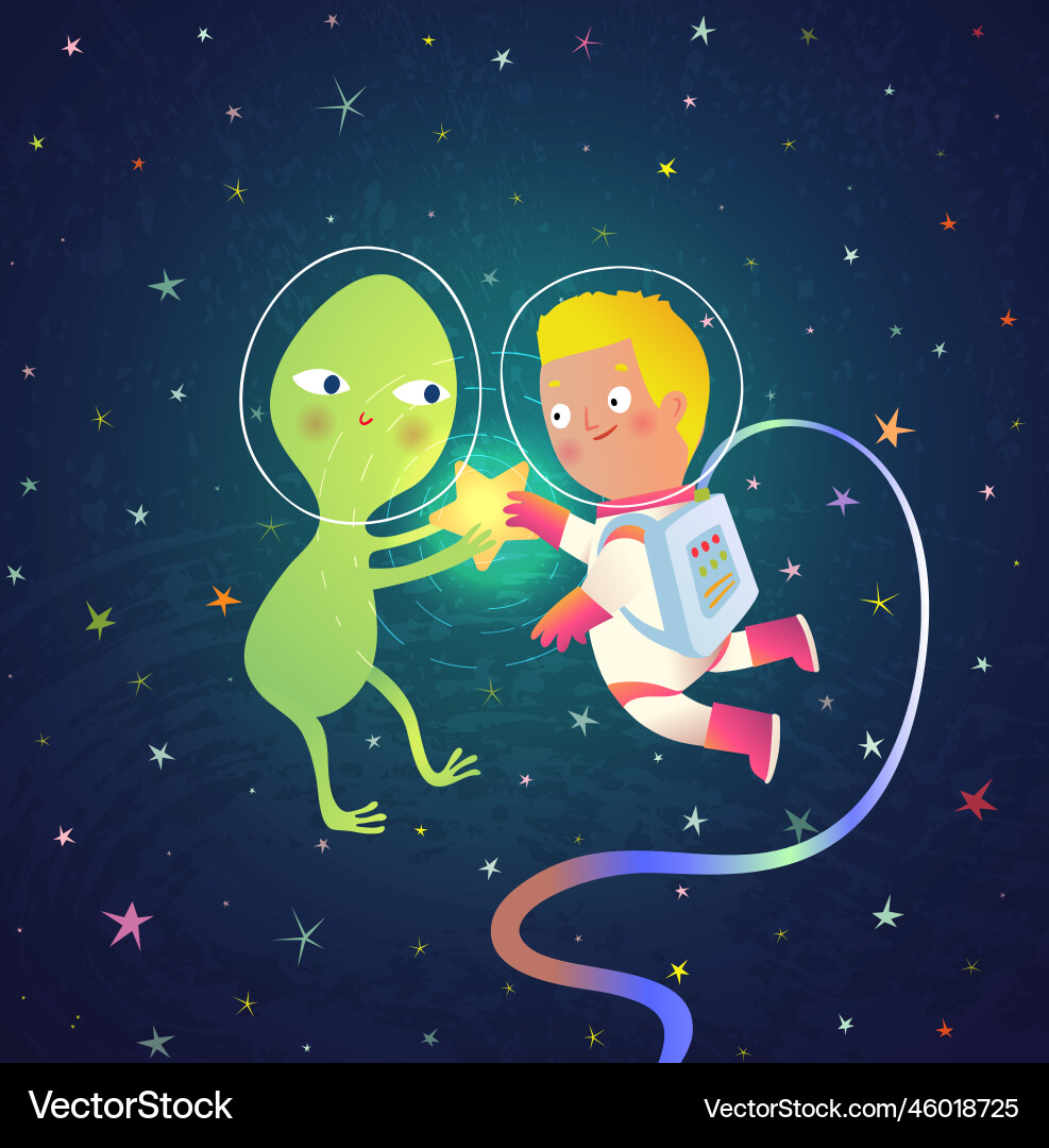 Alien meets astronaut in outer space kids cartoon Alien meets astronaut in outer space kids cartoon vector image
