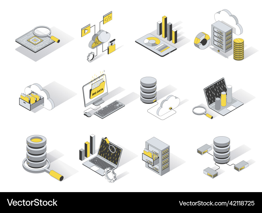 Big data analysis 3d isometric icons set pack Big data analysis 3d isometric icons set pack vector image
