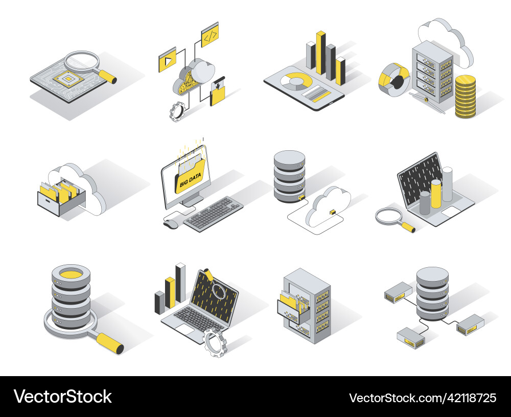 Big data analysis 3d isometric icons set pack vector image