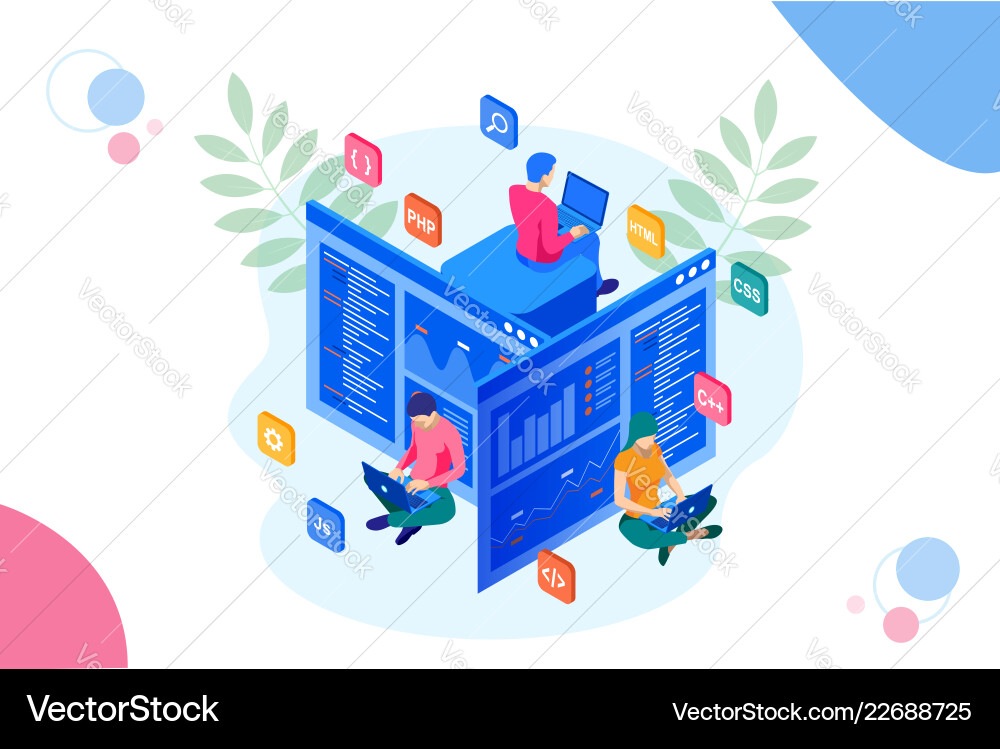 Isometric programmer coding new project web Isometric programmer coding new project web Vector Image