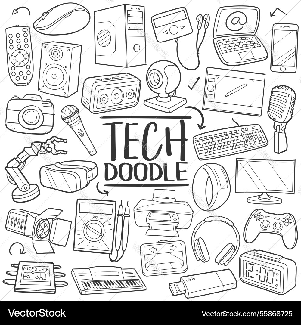 Tech doodle icons line art image Tech doodle icons line art image vector image