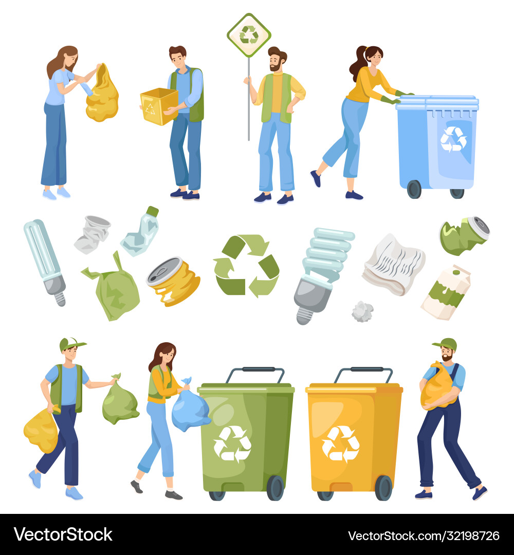 Reduce reuse and recycle objects people put Reduce reuse and recycle objects people put vector image