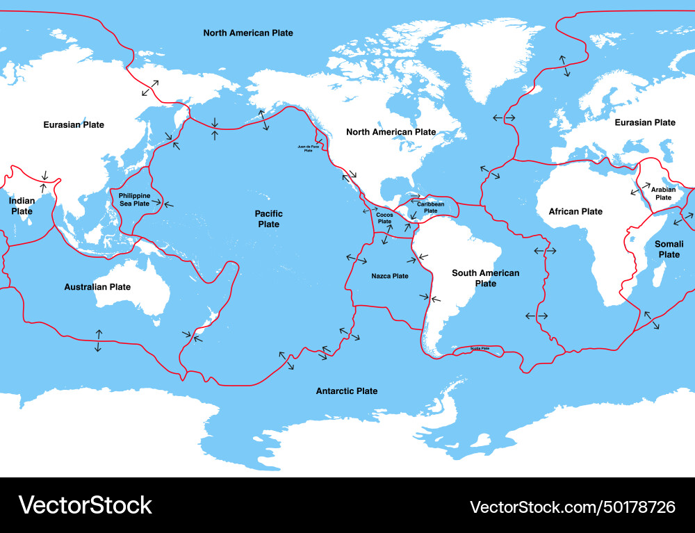 Tectonic plates on earths surface centered Tectonic plates on earths surface centered Vector Image