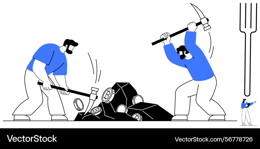 Workers mining resources using tools with a focus vector image