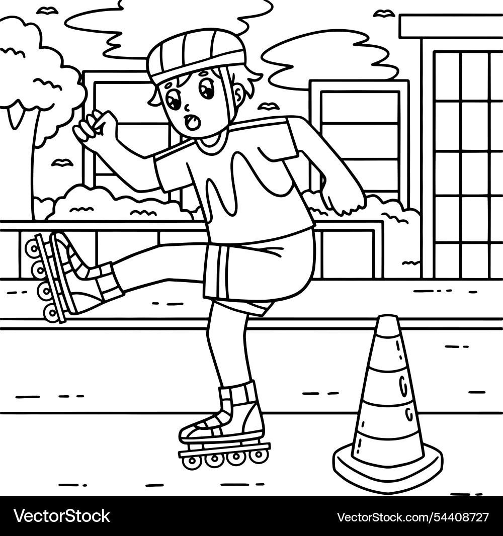 Inline skater avoiding traffic cone coloring page vector image