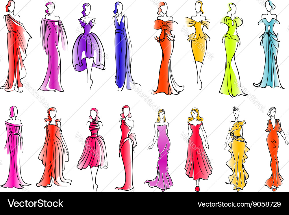 Fashion models in colorful dresses sketch style vector image