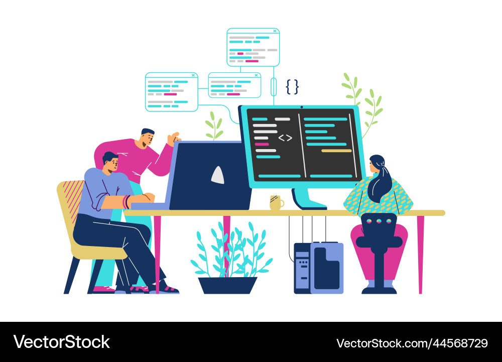 Team of programmers or developers at work flat Team of programmers or developers at work flat vector image