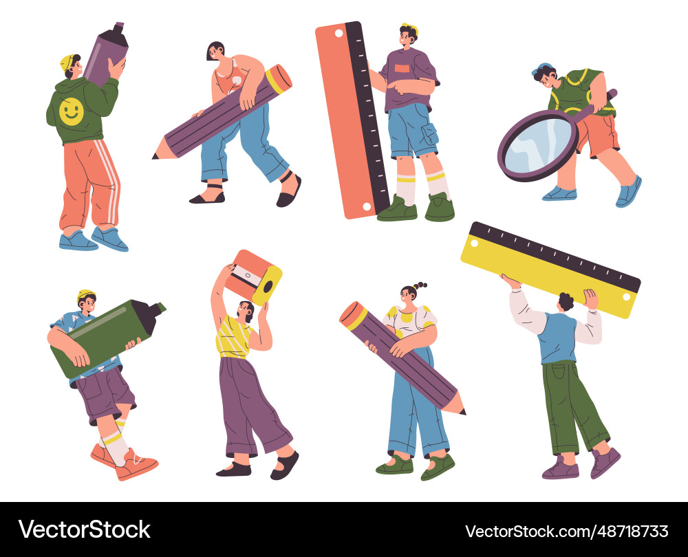 People and stationery character holding big tools People and stationery character holding big tools vector image