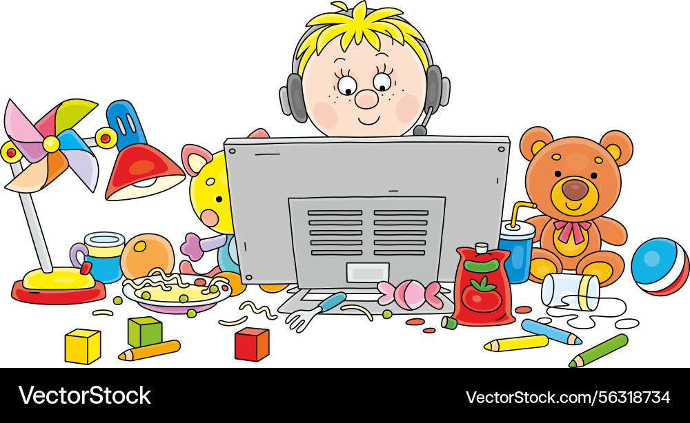 Cheerful child in front of a computer monitor Cheerful child in front of a computer monitor vector image