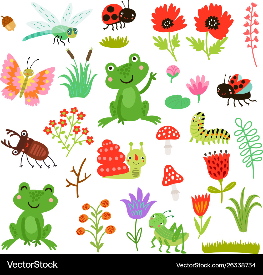 Cute Insects & Flowers Vector Image