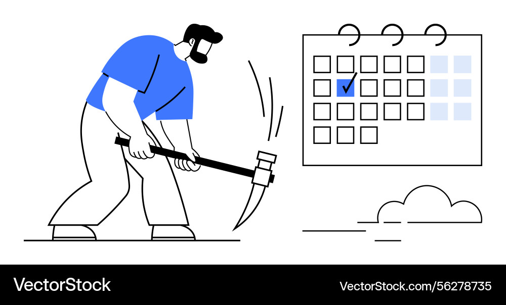 Man with pickaxe working on task calendar Man with pickaxe working on task calendar Vector Image
