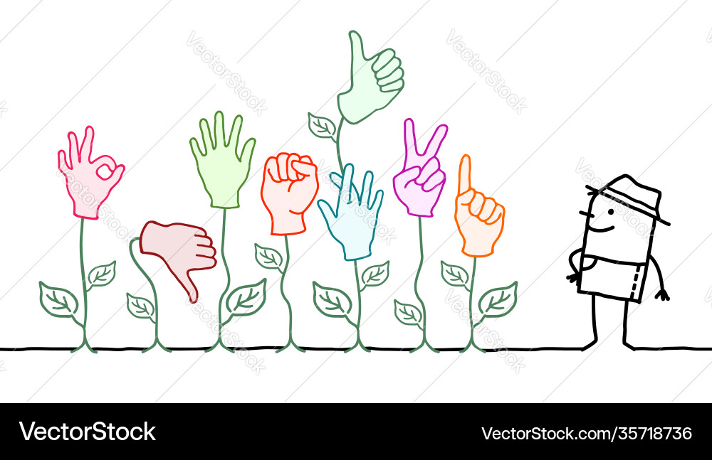 Cartoon gardener with communicating plants Cartoon gardener with communicating plants vector image