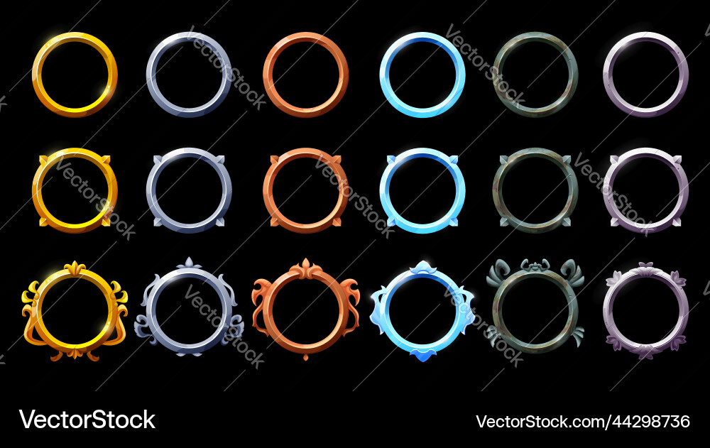 Golden silver bronze rusty metal circle frames Golden silver bronze rusty metal circle frames vector image