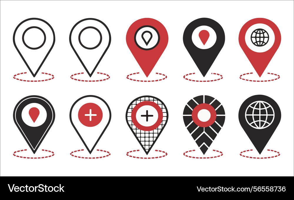 Location pin icons set with diverse map markers Vector Image