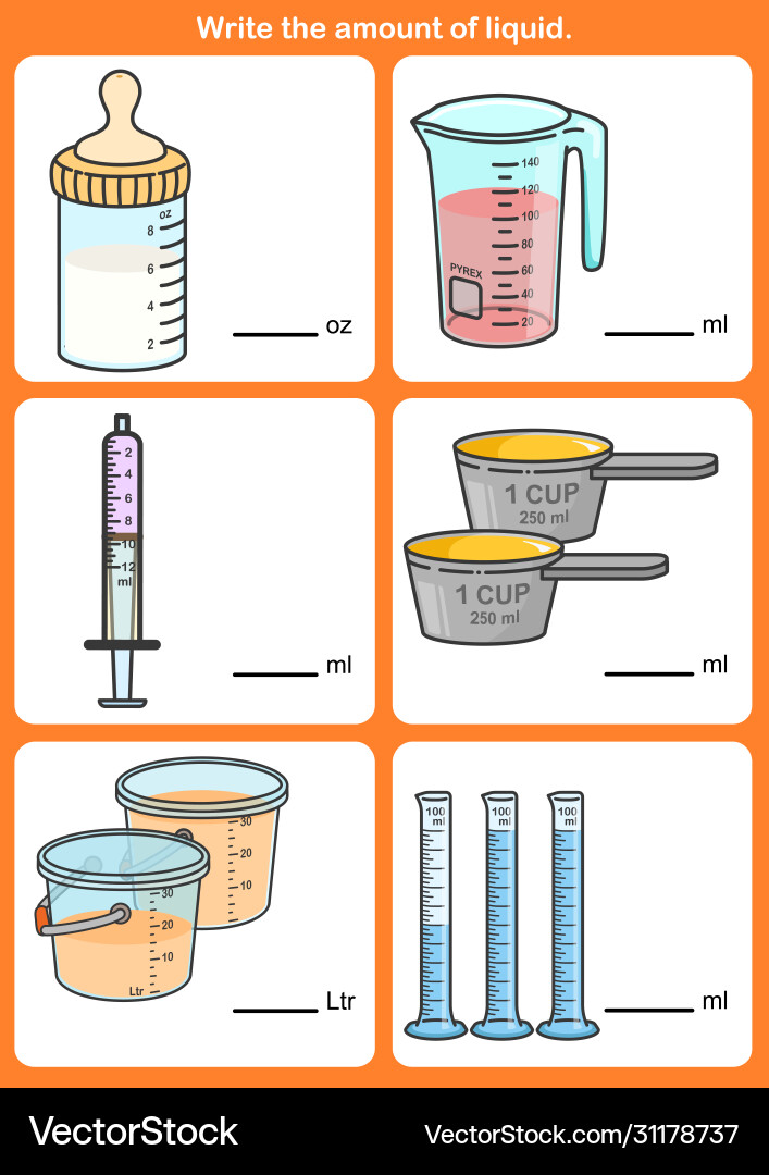 Write amount liquid measurement volume Write amount liquid measurement volume vector image