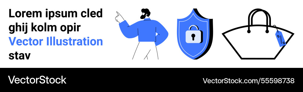 Man gesturing towards shield with lock and handbag Man gesturing towards shield with lock and handbag Vector Image