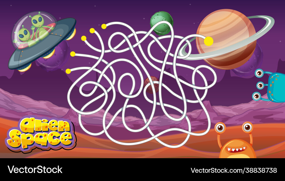 Maze game with space theme template Maze game with space theme template vector image