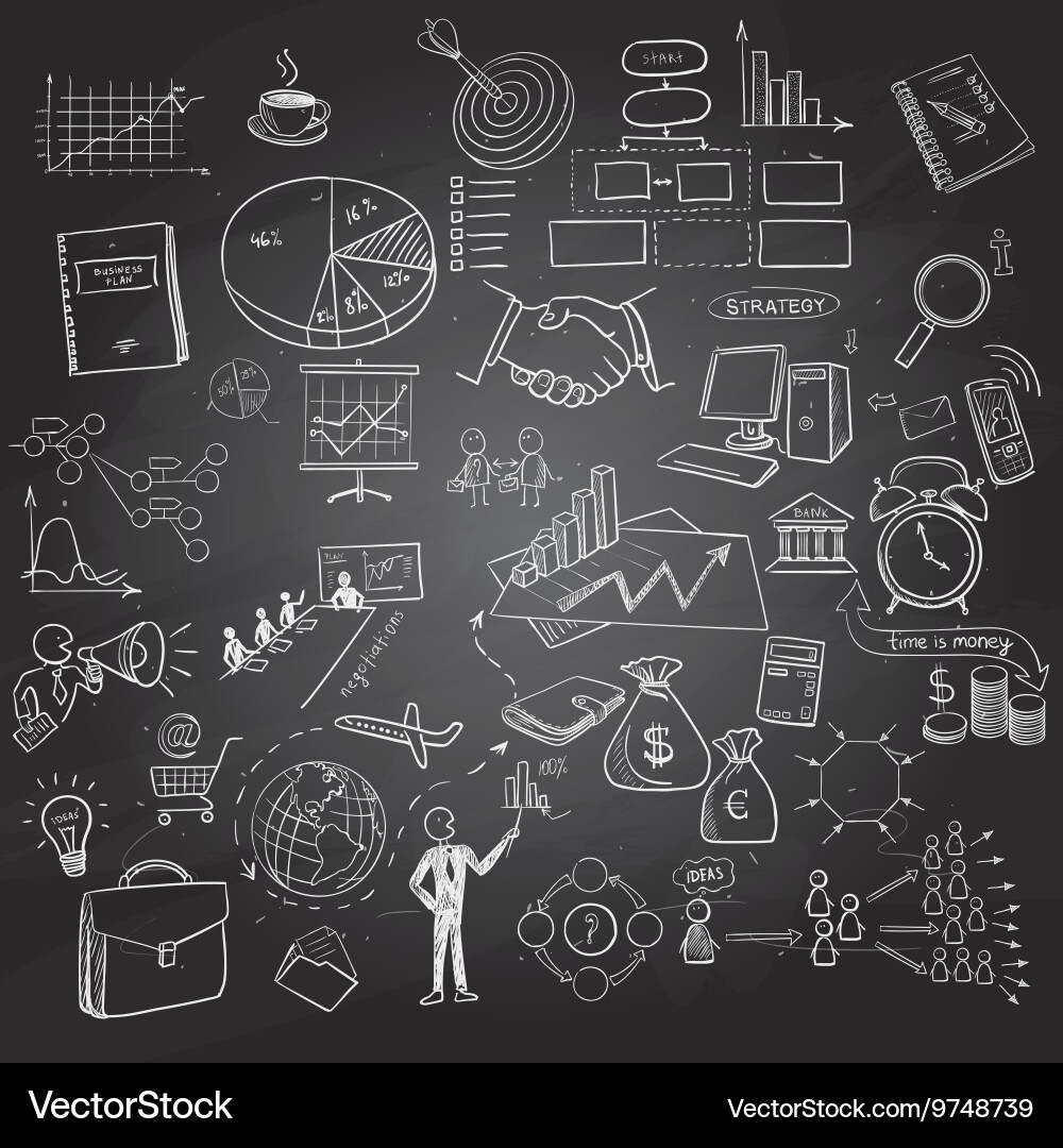 Business Icons on Blackboard Vector Image